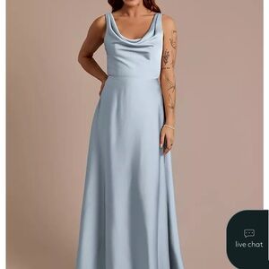 Dusty Blue Satin Dress with Cowl Neck and Bow Back